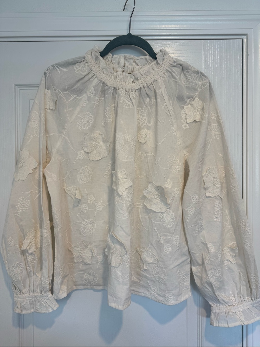Women’s Cream Embroidered Ruffle-Neck Blouse